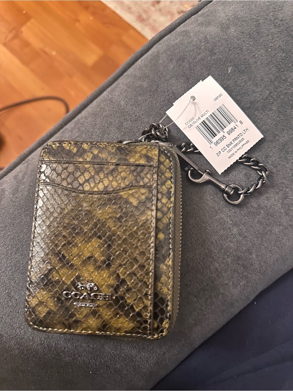 Coach Zip Card Case Wallet With Snake Print Leather - Gunmetal/Olive nwt - Picture 6 of 14